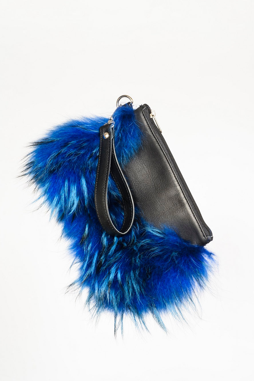 Bright Blue fur- leather clutch bag