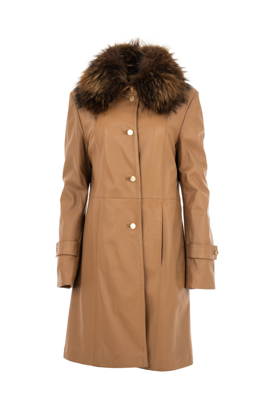 Camel Leather Coat with Removable Fur Collar