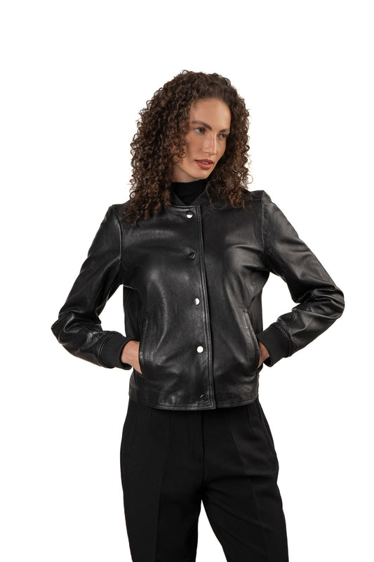 YELE - Women's Short Bomber Leather Jacket