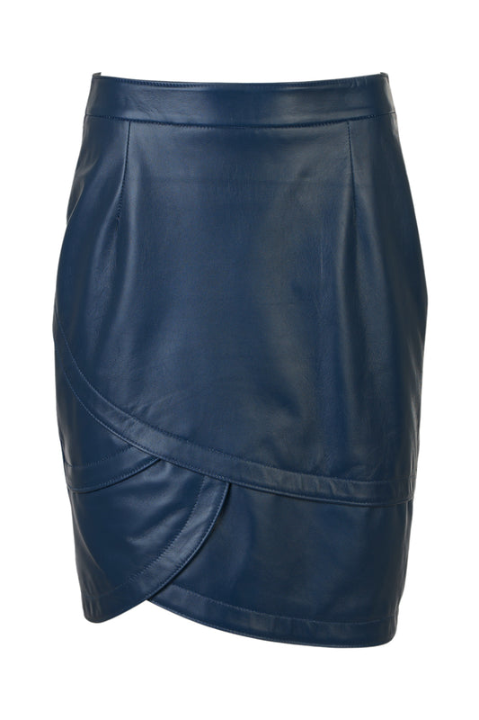 Handmade women’s blue leather pencil skirt, Greek nappa lamb leather, back zipper closure, 55 cm length, model wears size L, front view