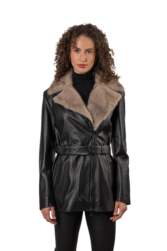 VIARA- Women's Leather Jacket with Fur Collar