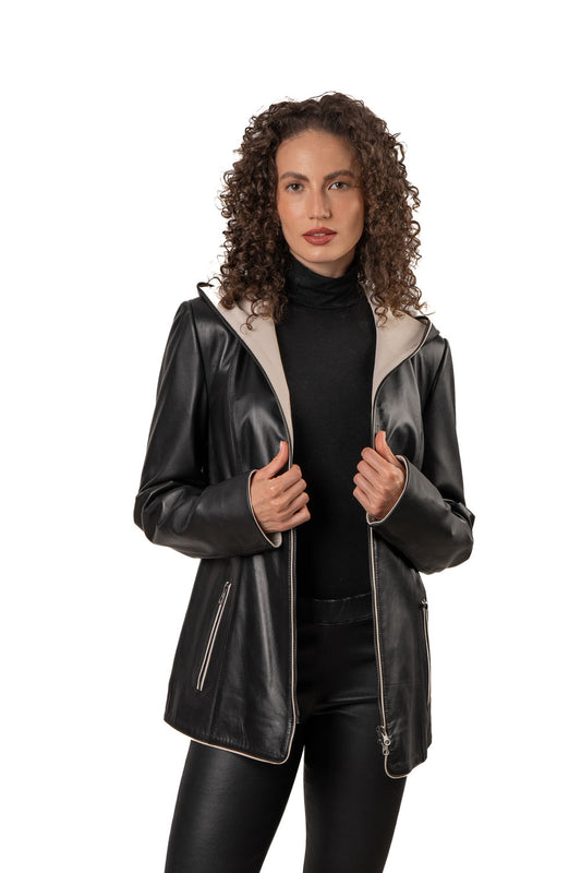 Γυναικείο Δερμάτινο Μπουφάν Με Κουκούλα Σε Διχρωμία Μαύρο – Μπεζ