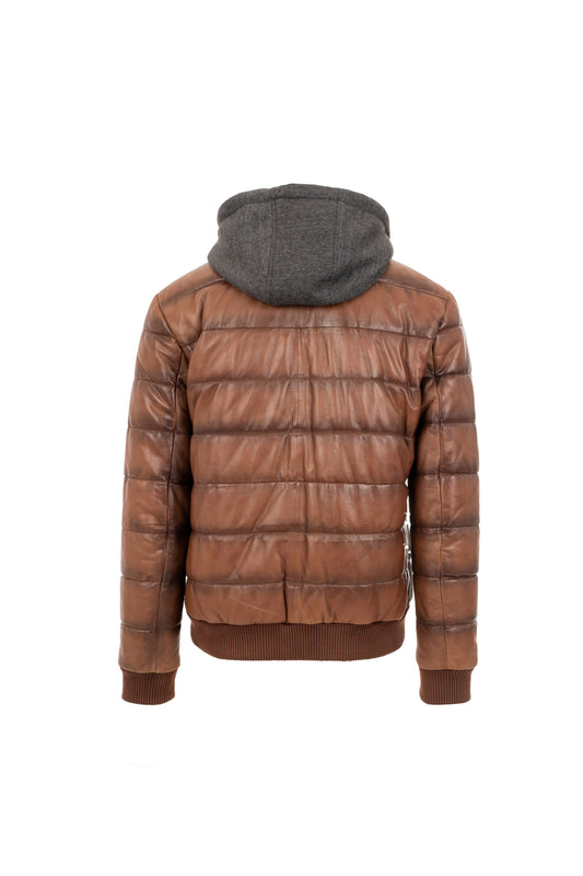 Moses - Ανδρικό Καφέ Puffed Δερμάτινο Μπουφάν