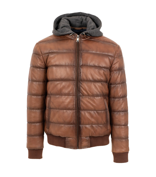 Moses - Ανδρικό Καφέ Puffed Δερμάτινο Μπουφάν