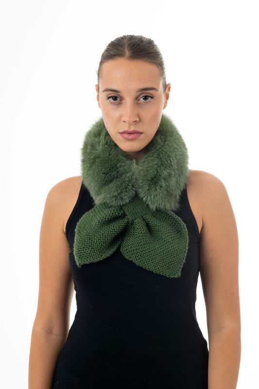 GREEN FUR COLLAR with handknit bow