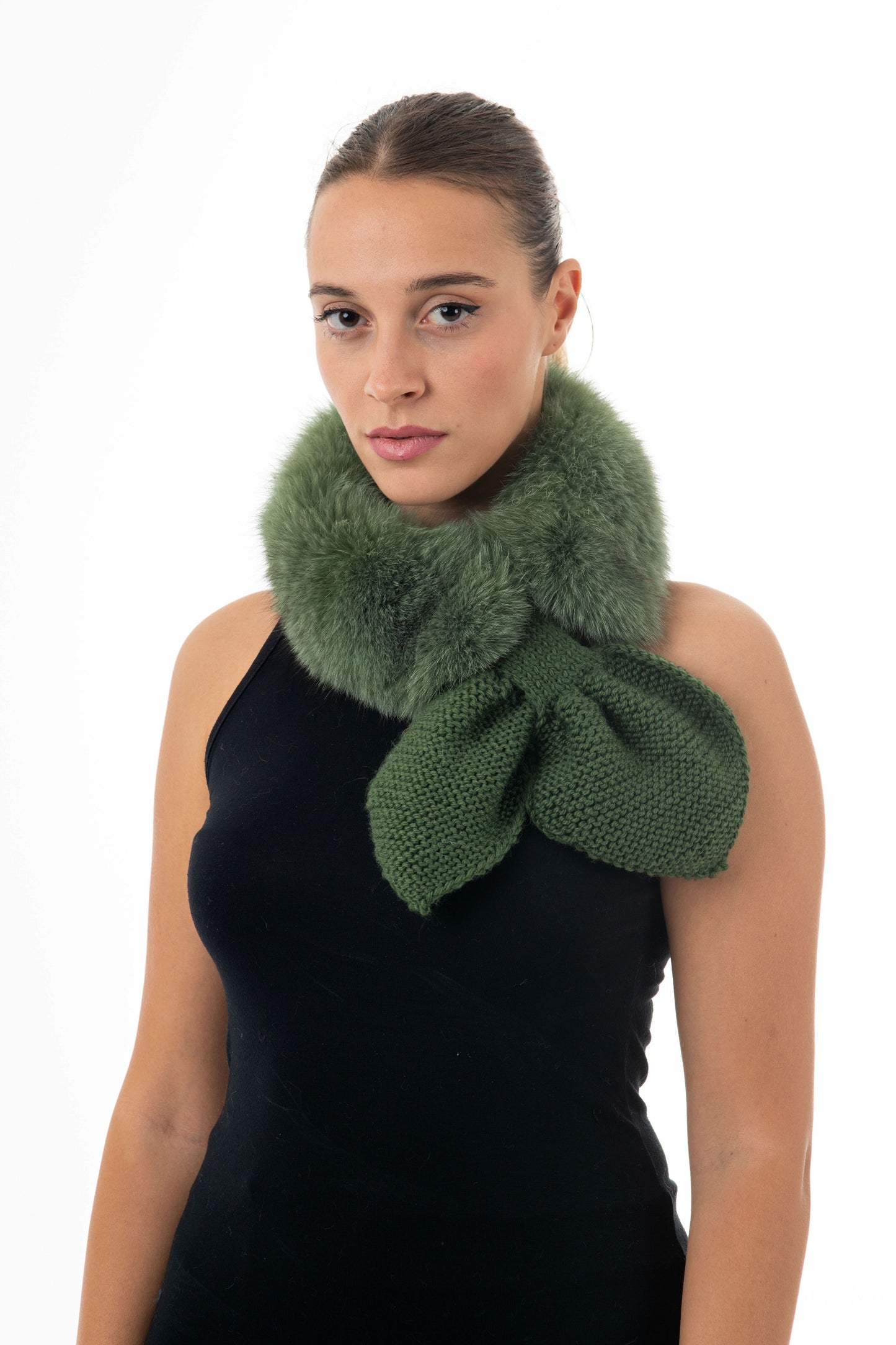 GREEN FUR COLLAR with handknit bow