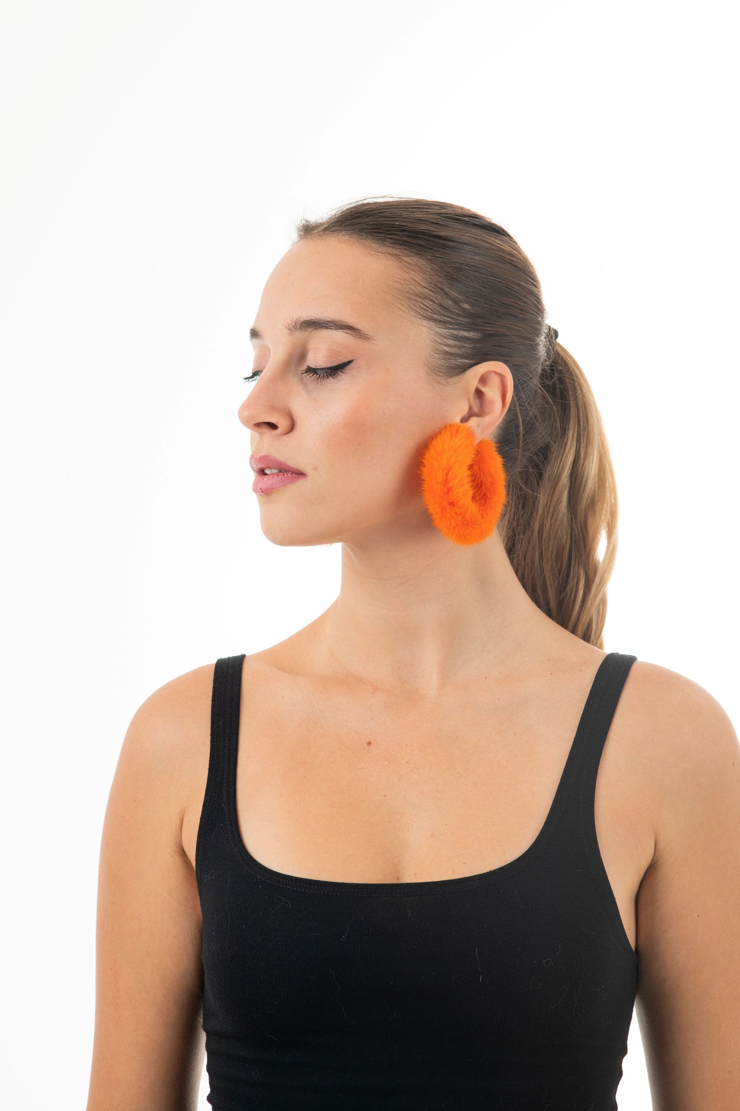 Orange FUR Hoop Earrings . Ηoop earrings with wrapped mink fur.