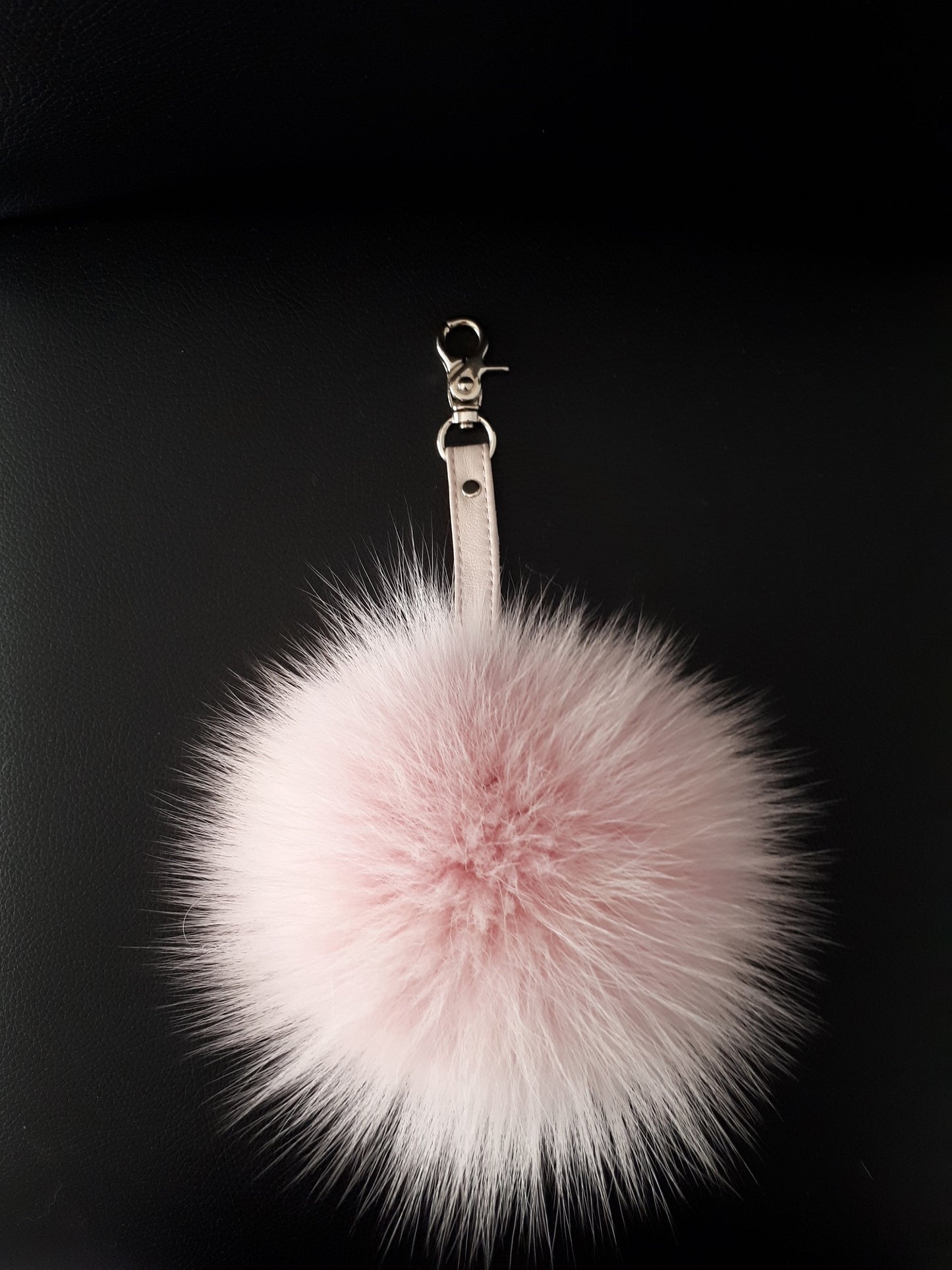 PINK FOX FUR pompom keychain with genuine leather strap. Real fluffy fur pompom keyring.