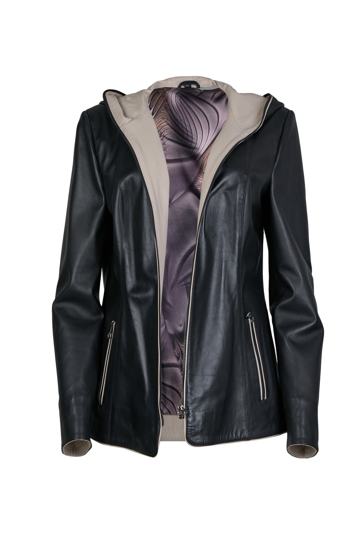 Γυναικείο Δερμάτινο Μπουφάν Με Κουκούλα Σε Διχρωμία Μαύρο – Μπεζ