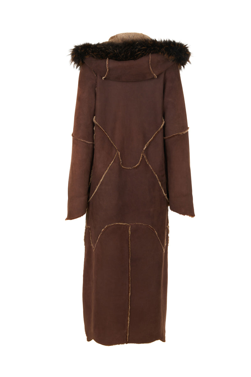 Women's Brown Sheepskin Hooded Coat with Fur Details