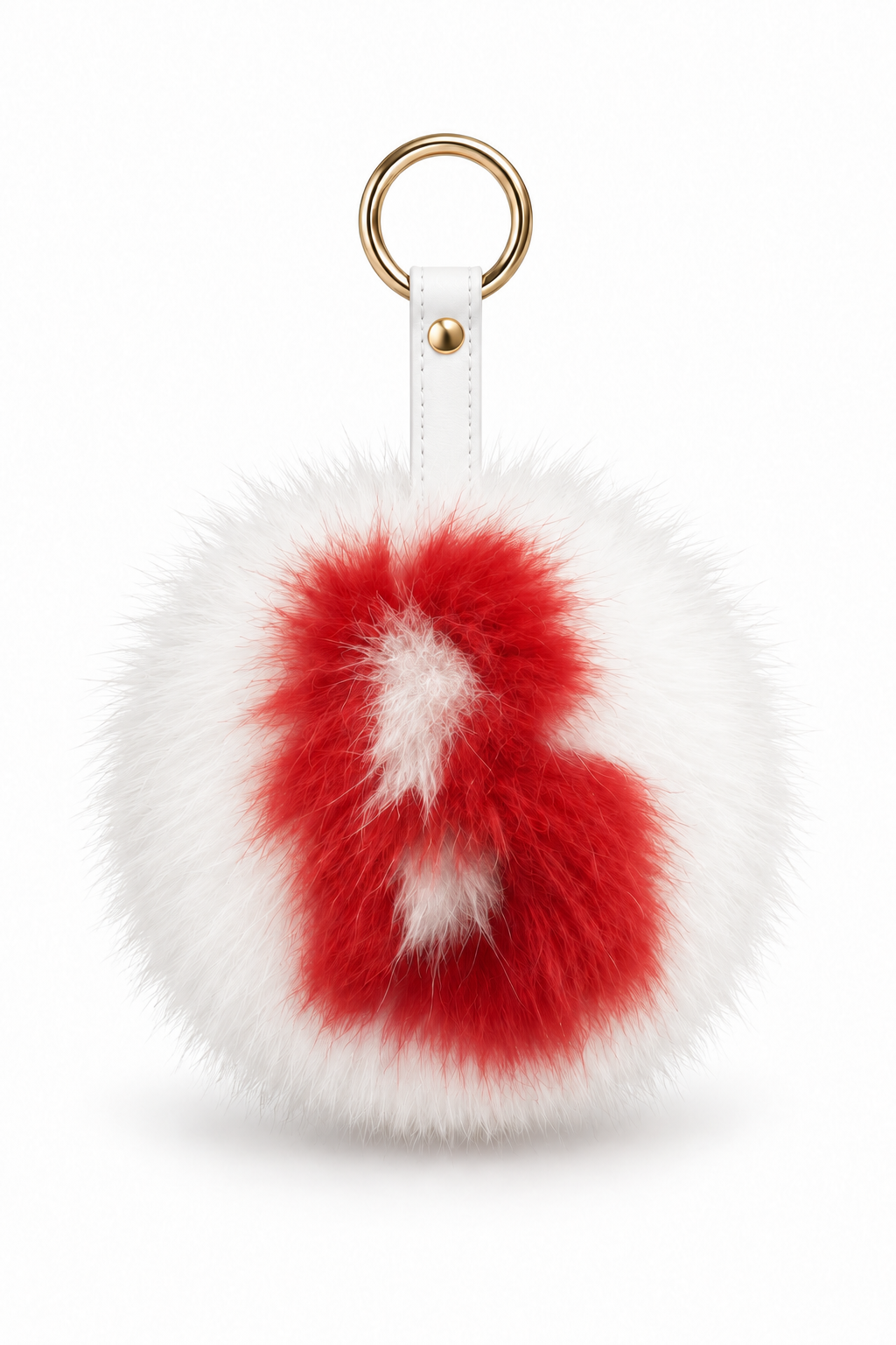 Personalized letter fur bag charm. Pale pink pompom with red letter, Real fur, round ring-clasp.