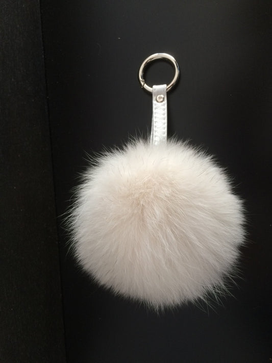 WHITE Fox FUR POMPOM Keychain, Fur pompom Keyring with genuine leather strap, Real fur, round ring-clasp.