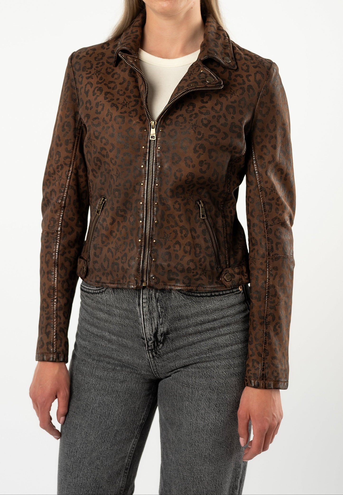 NYXA- Printed Leather Jacket in Cognac Color
