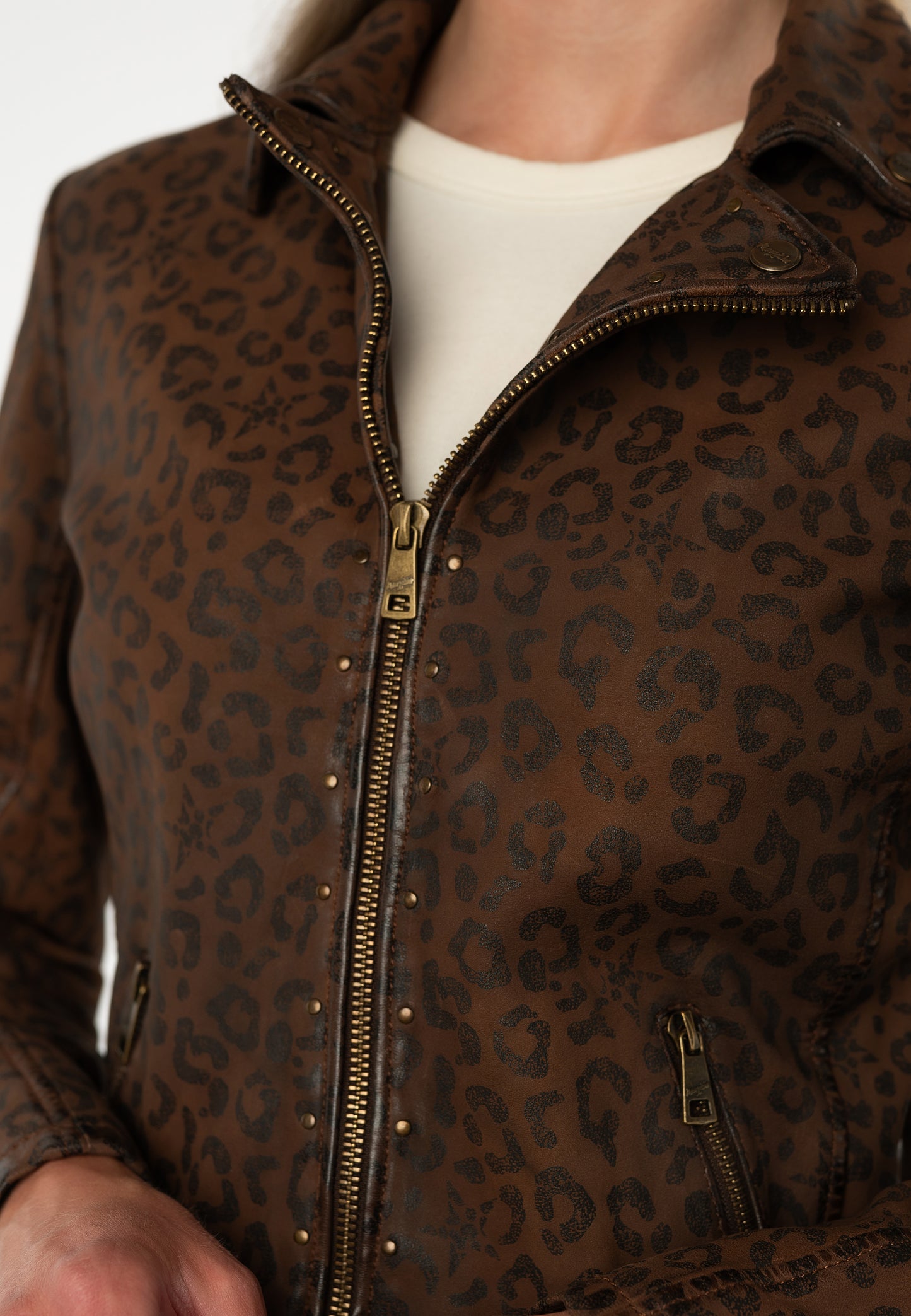 NYXA- Printed Leather Jacket in Cognac Color