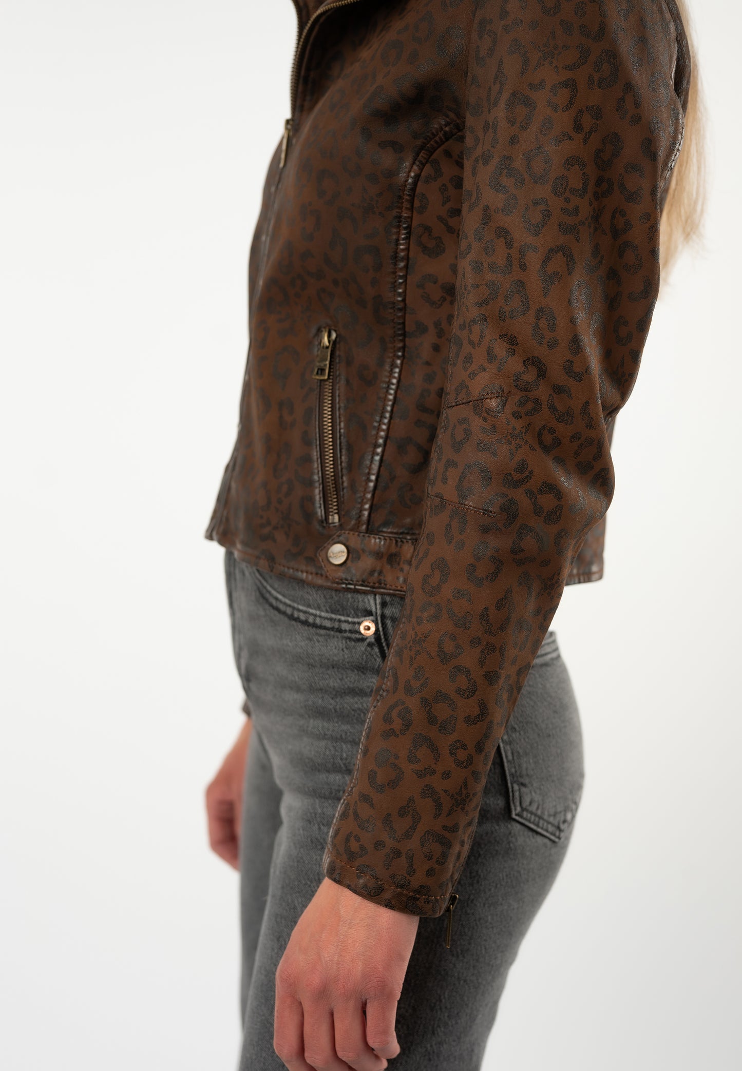 NYXA- Printed Leather Jacket in Cognac Color