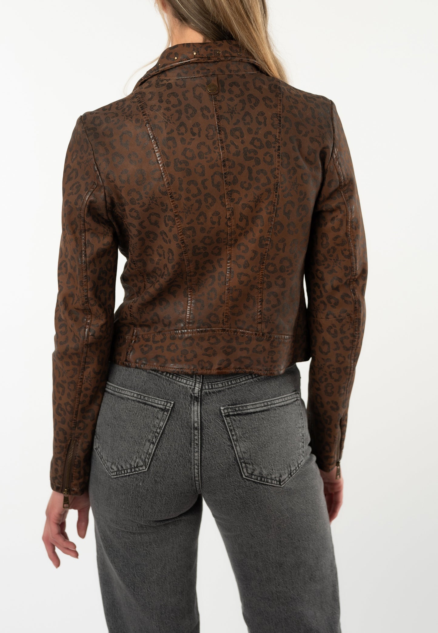 NYXA- Printed Leather Jacket in Cognac Color
