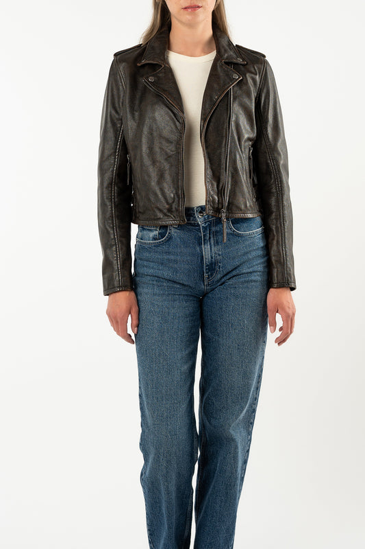 KATICA - Women's Antique Brown  Biker Leather Jacket