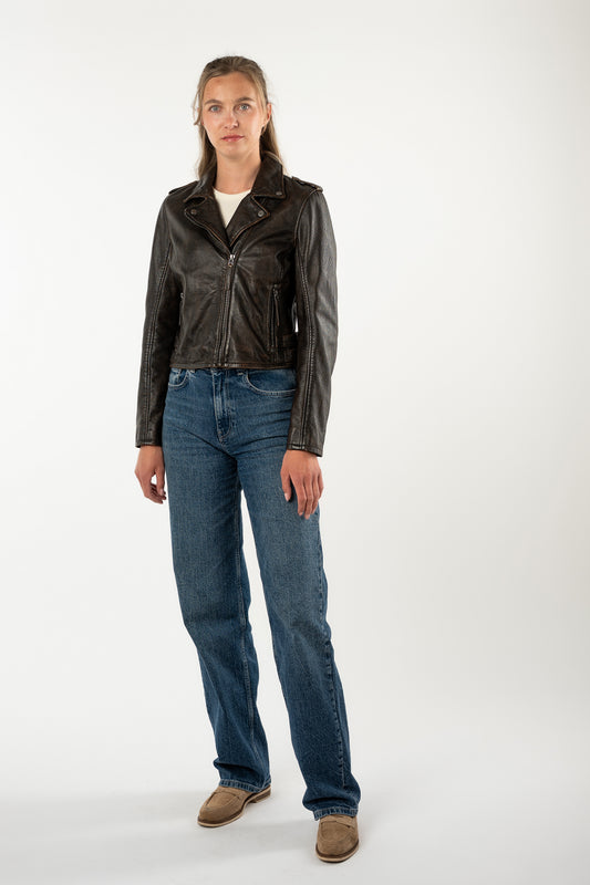 KATICA - Women's Antique Brown  Biker Leather Jacket