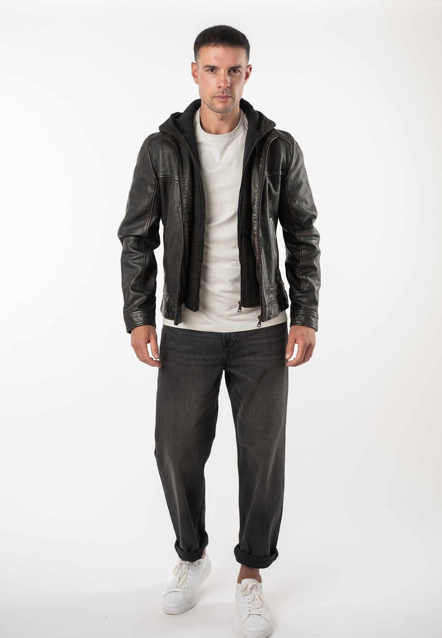 CHONKY-Men's Leather Jacket with Removable hood