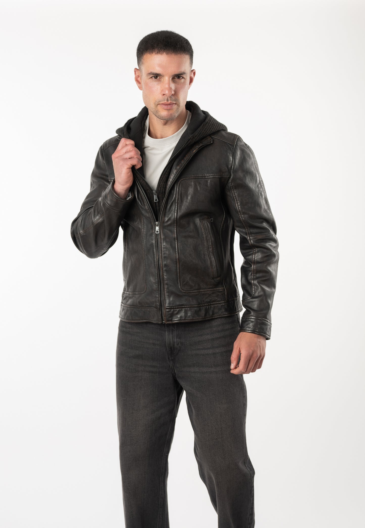 CHONKY-Men's Leather Jacket with Removable hood
