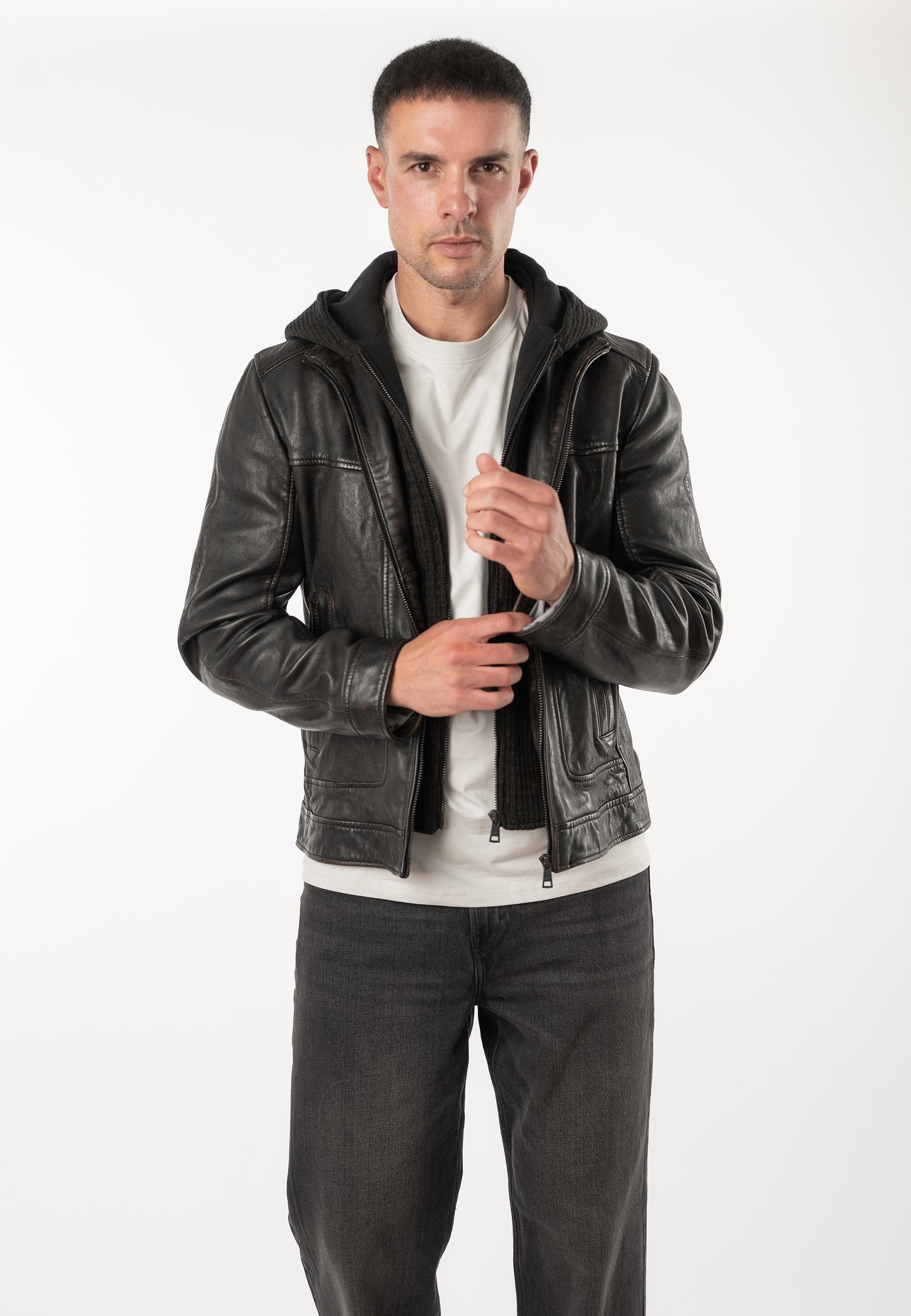 CHONKY-Men's Leather Jacket with Removable hood