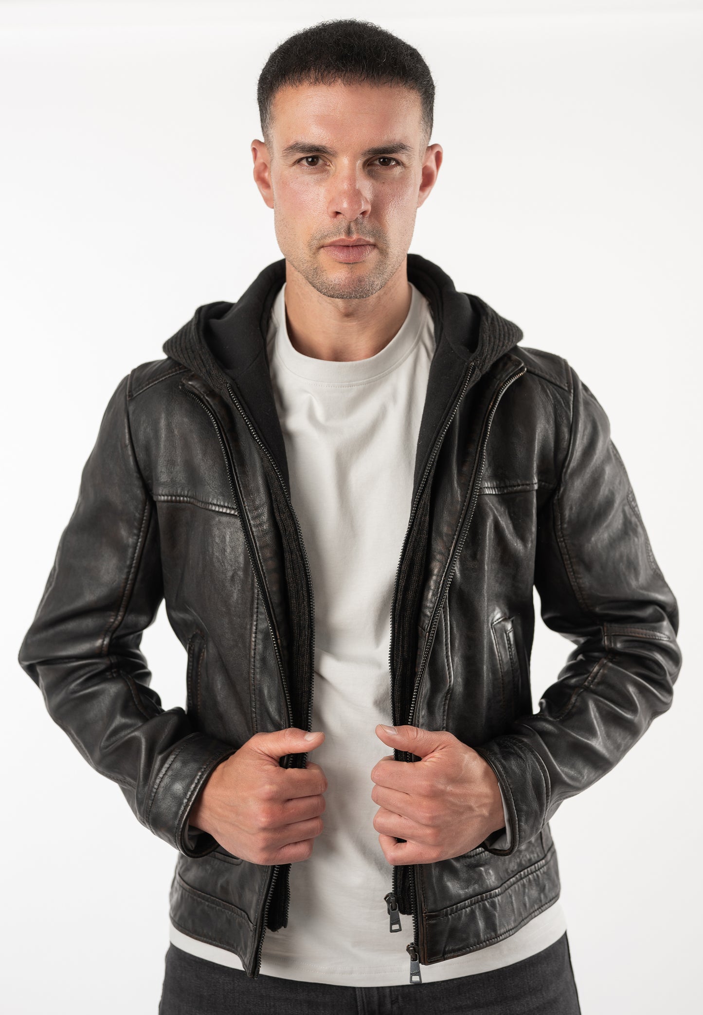 CHONKY-Men's Leather Jacket with Removable hood