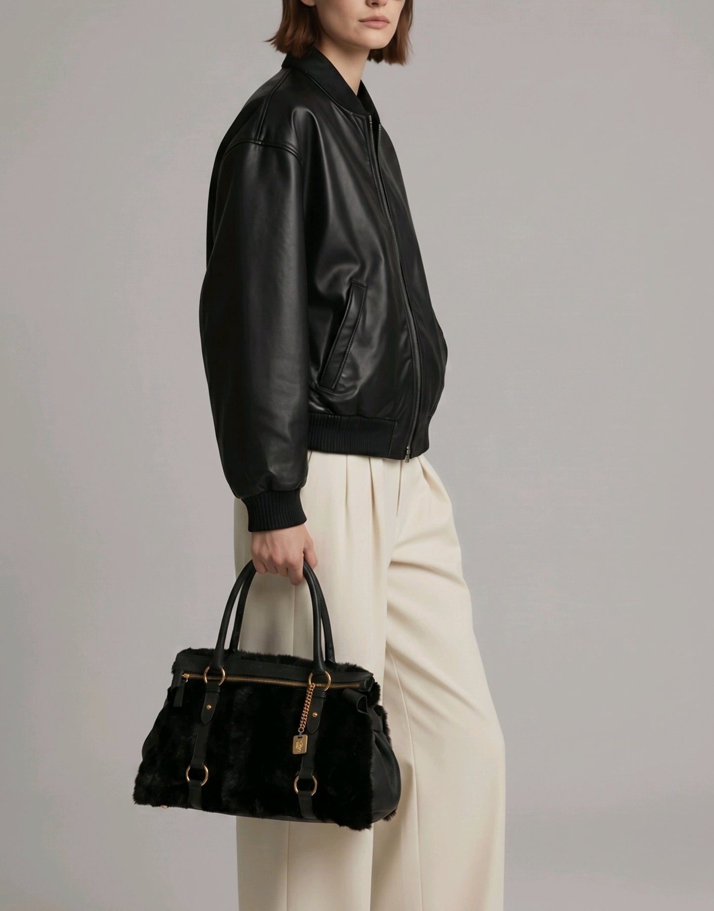 Black Fur and Leather Bag