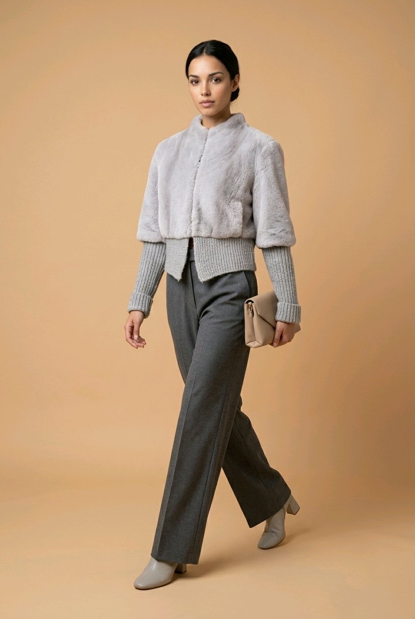 Grey Mink Jacket With Handmade Grey  Knit details.