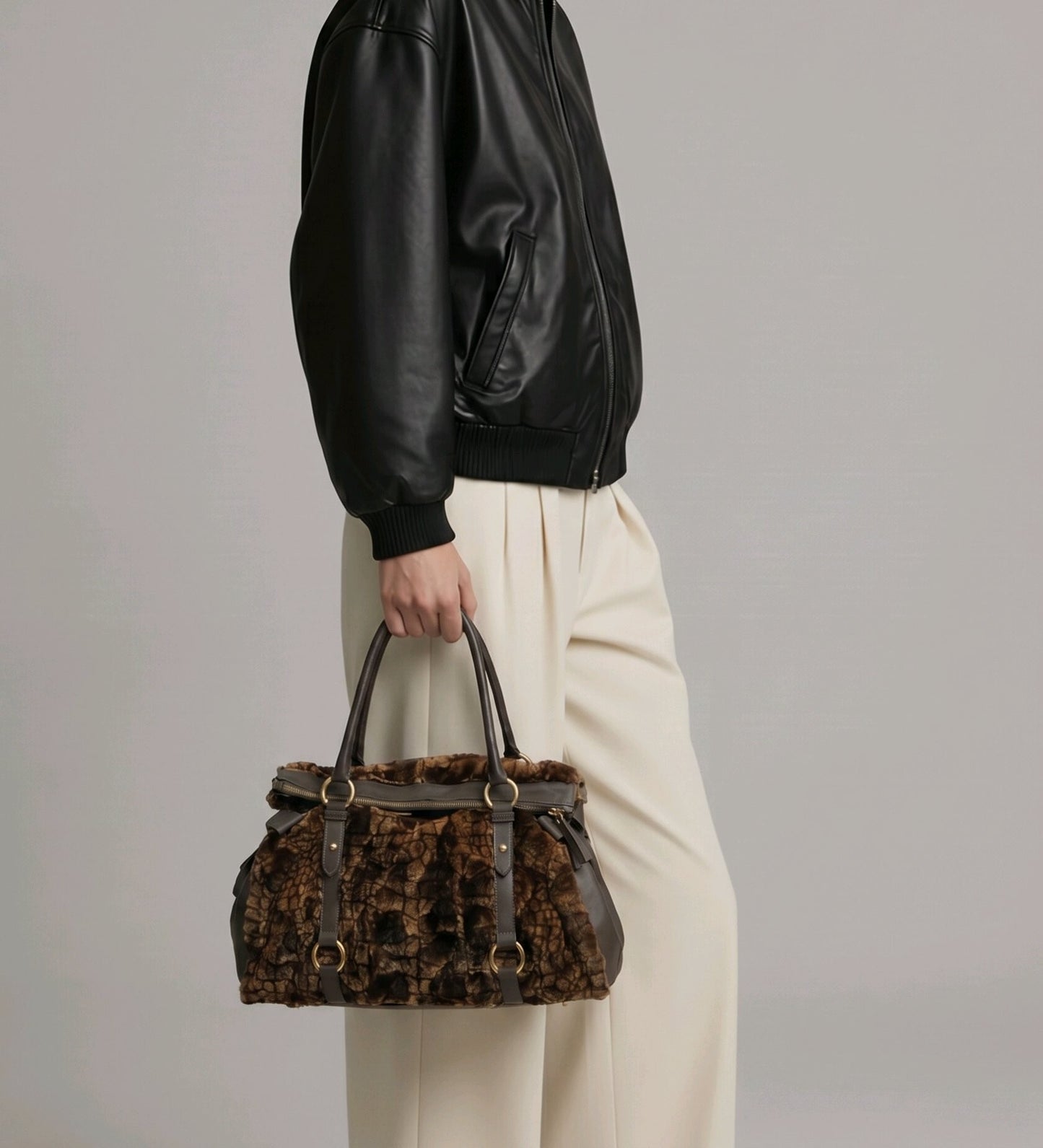 Brown  Fur and Leather Bag