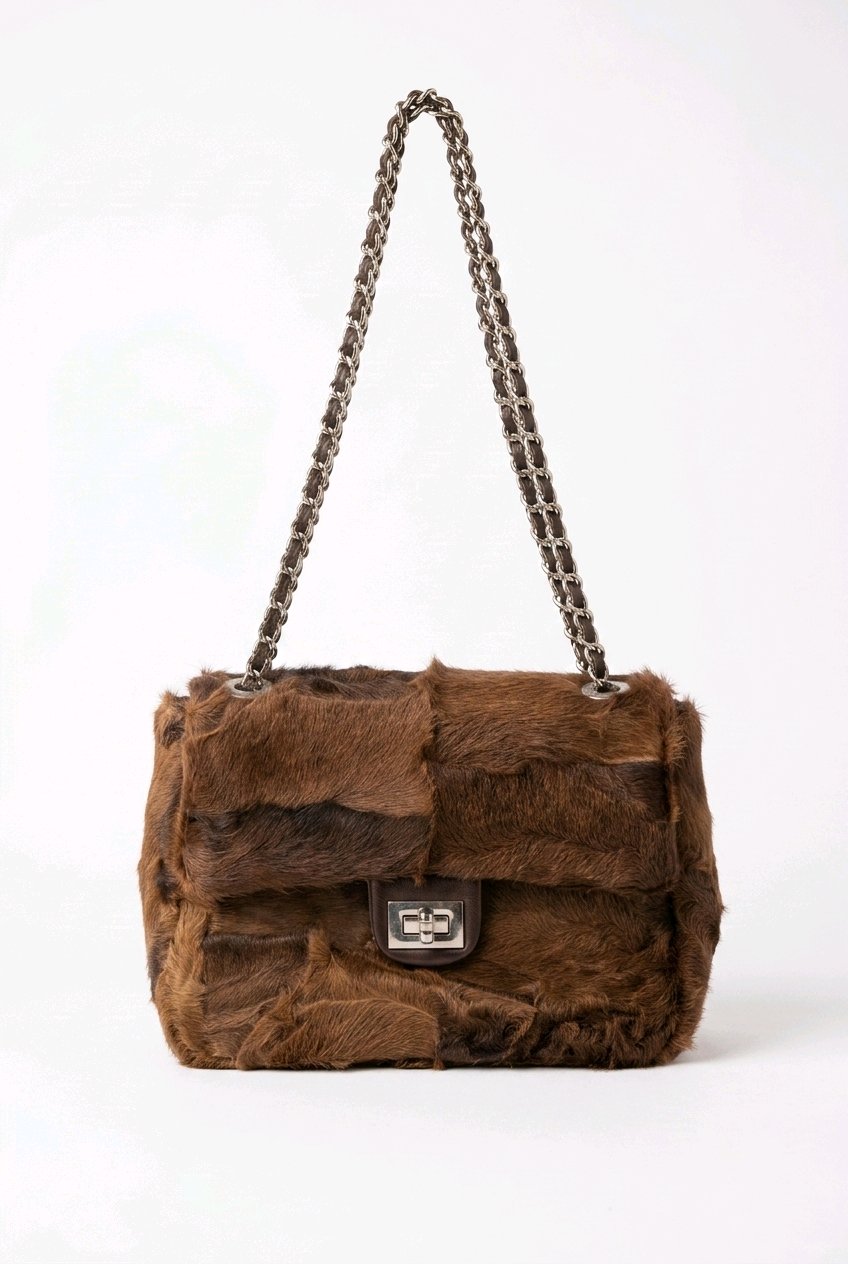 Brown Astrakan Fur Crossbody &amp; Clutch Bag with Chain Strap