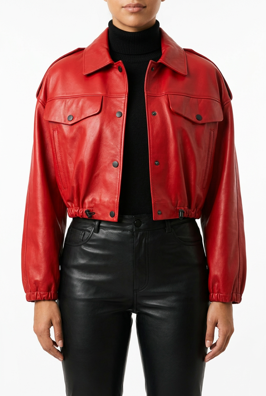 JULIE - Red  Cropped Bomber Leather jacket