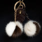 Two colour Mink Bag Charm Keychain pompom with chain and Real leather Leaf.