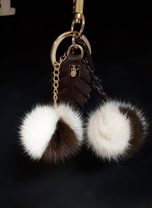 Two colour Mink Bag Charm Keychain pompom with chain and Real leather Leaf.