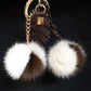 Two colour Mink Bag Charm Keychain pompom with chain and Real leather Leaf.