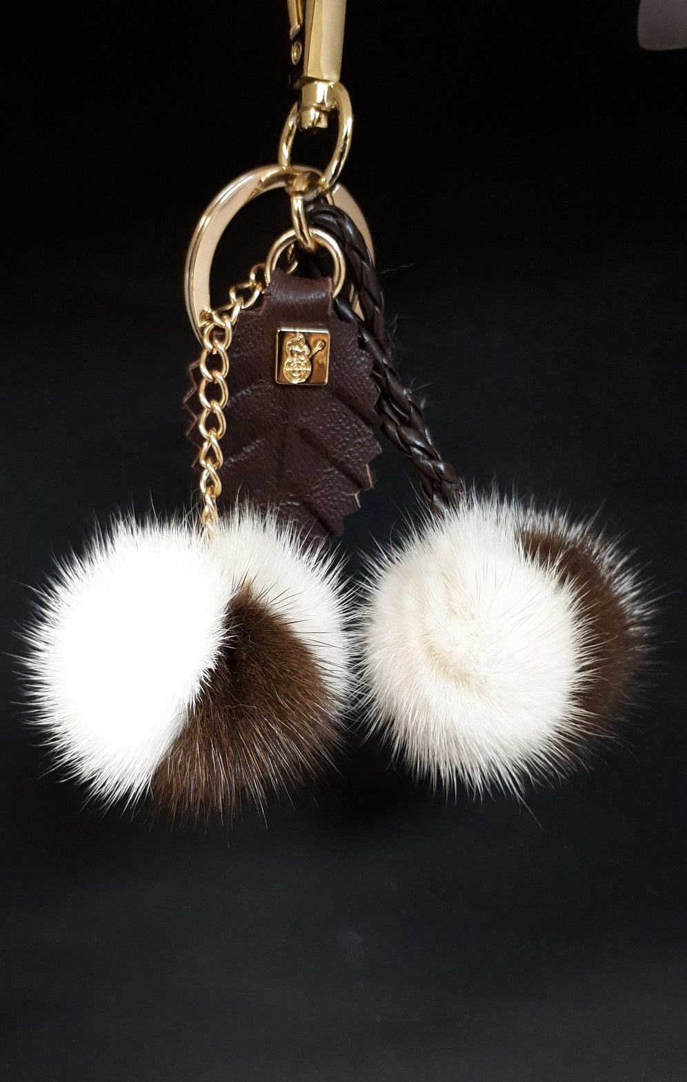 Two colour Mink Bag Charm Keychain pompom with chain and Real leather Leaf.