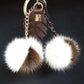 Two colour Mink Bag Charm Keychain pompom with chain and Real leather Leaf.