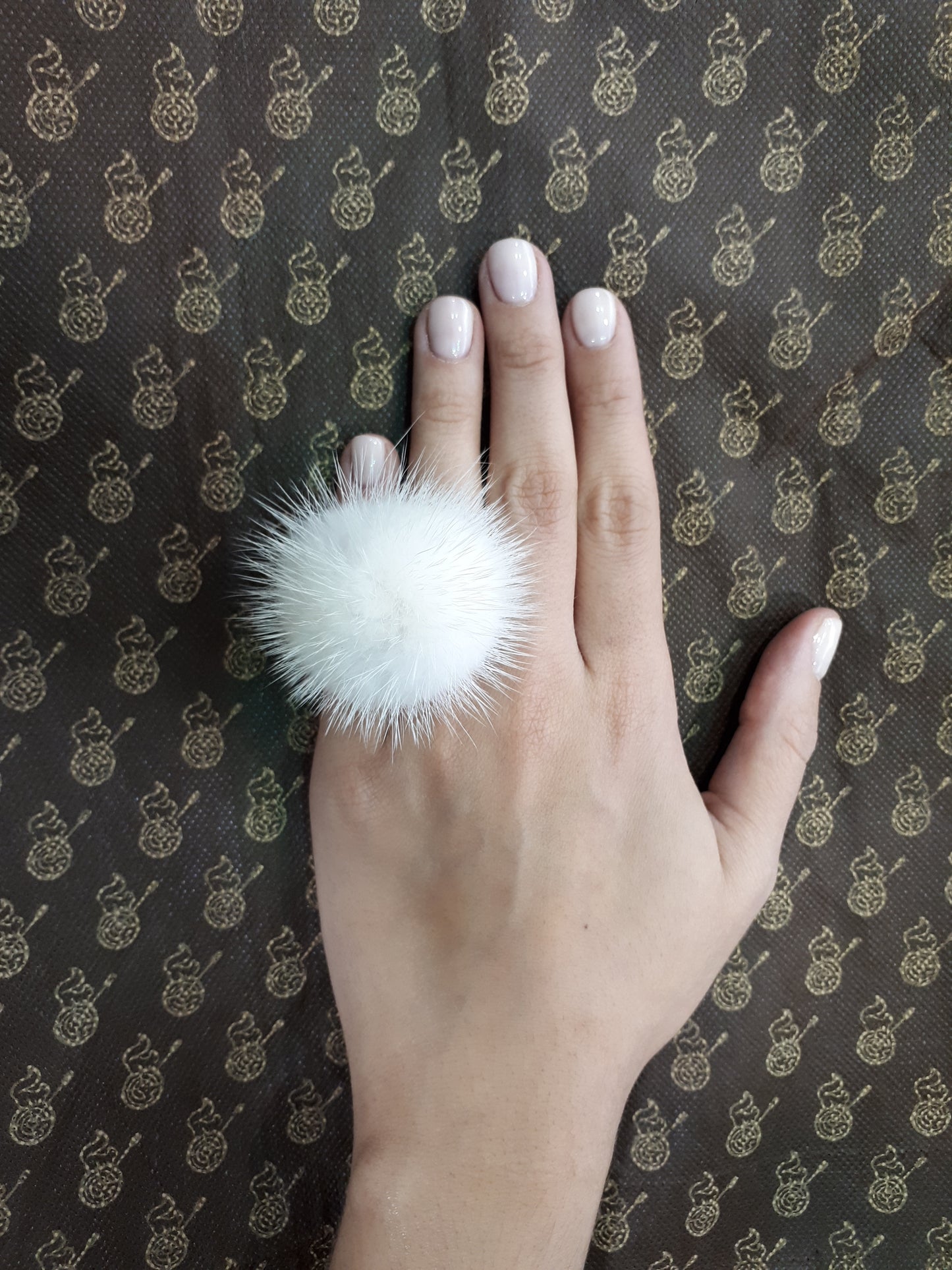 White  Fur  Ring, Mink Pompom  Finger Ring with Genuine Leather.