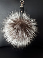 SILVER FOX FUR pompom keychain with genuine leather strap.