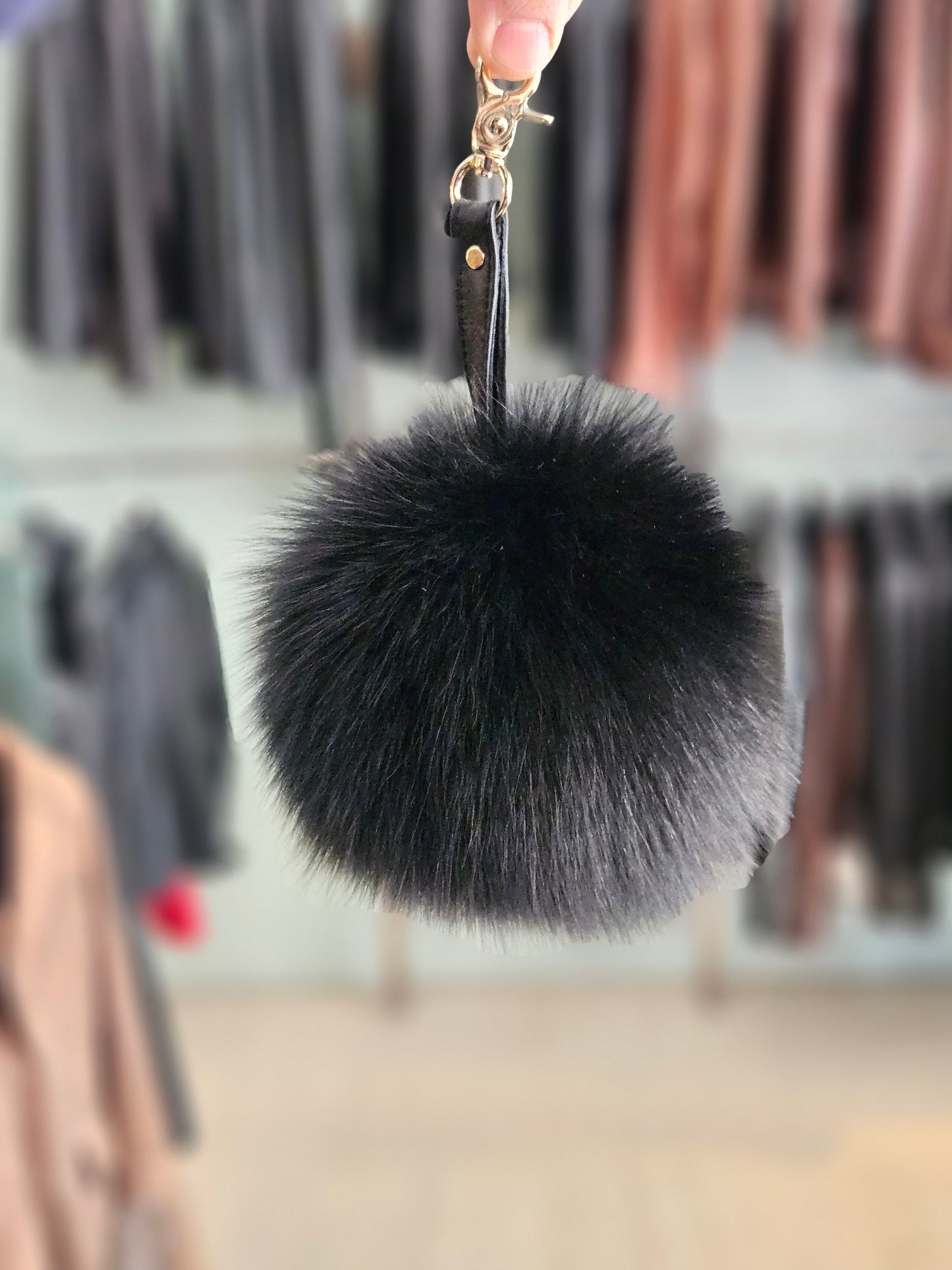 Real Black  Fur pompom  Keychain with genuine leather strap