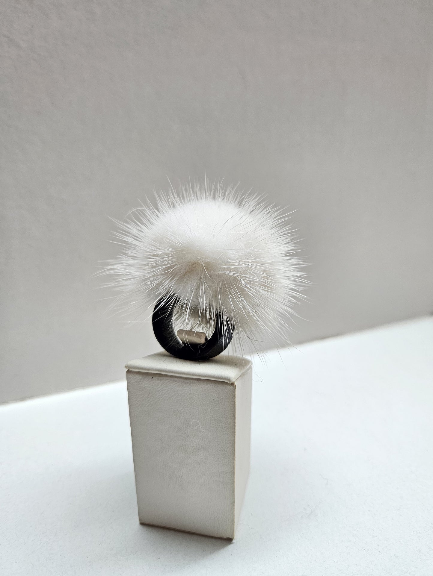 White  Fur  Ring, Mink Pompom  Finger Ring with Genuine Leather.
