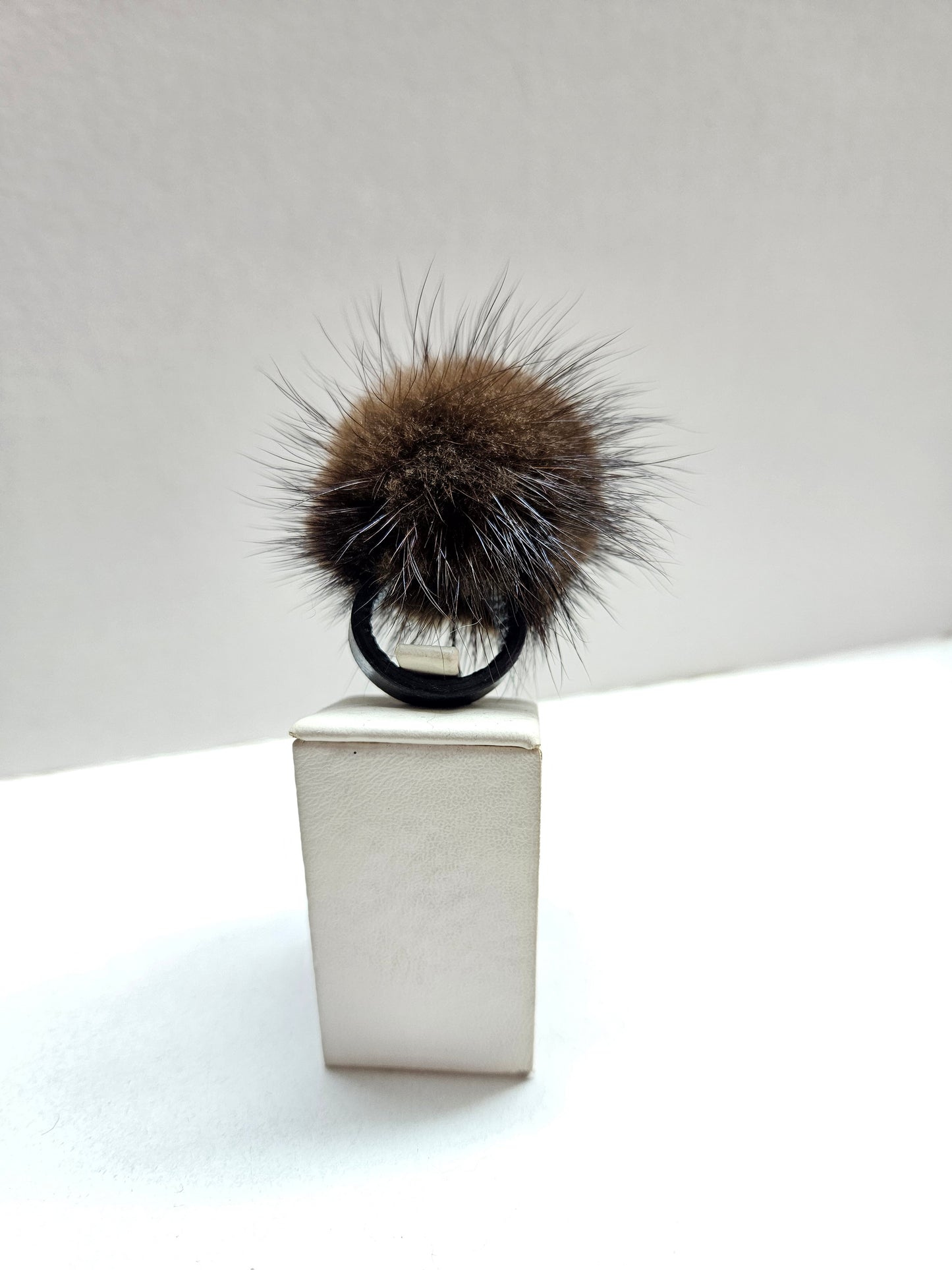 Brown Fur Ring, Mink Pompom  Finger Ring with Genuine Leather.