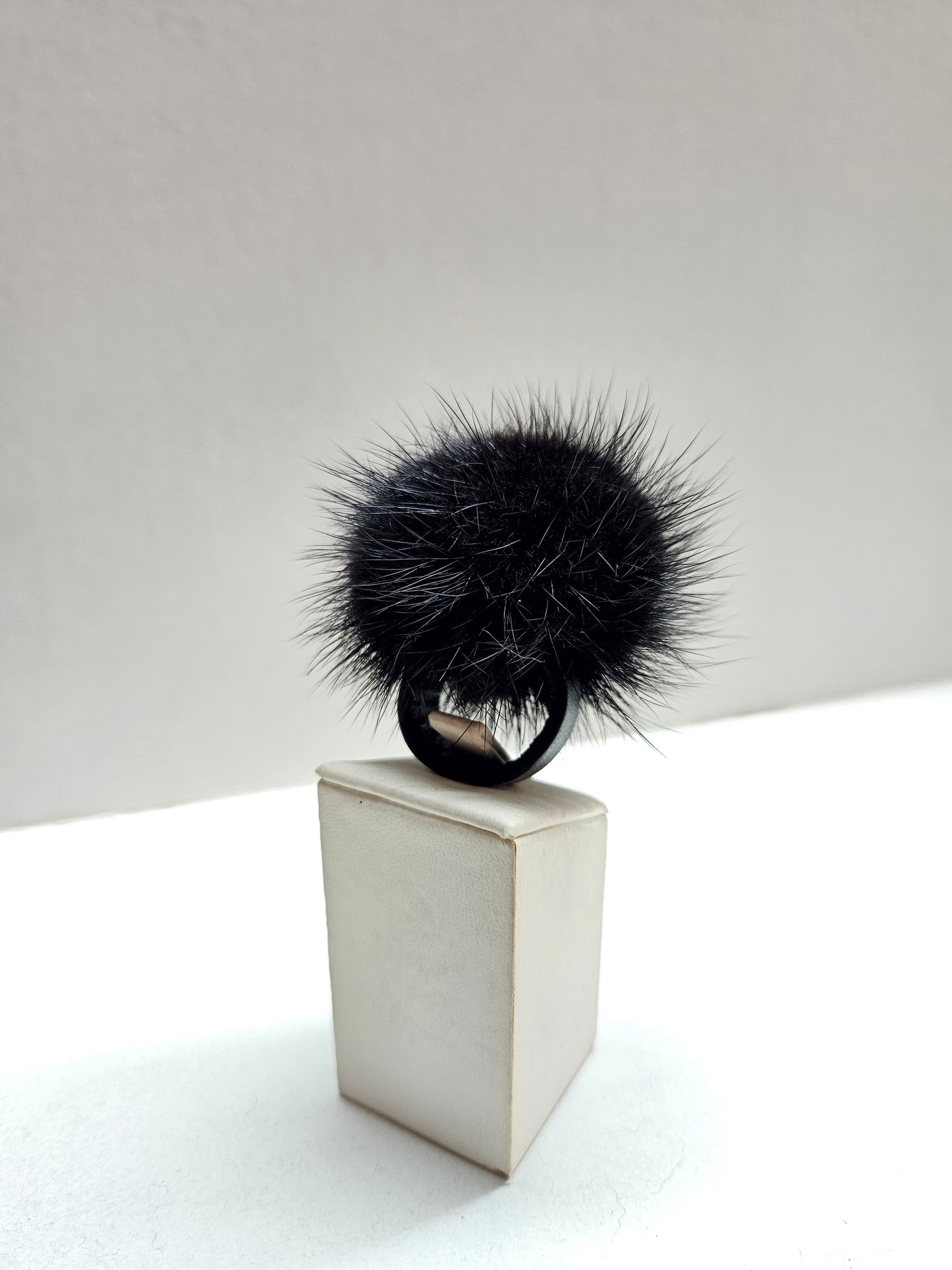 Black furry ring, Mink pompom ring, Mink finger ring with genuine leather.