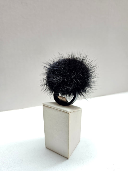 Black furry ring, Mink pompom ring, Mink finger ring with genuine leather.