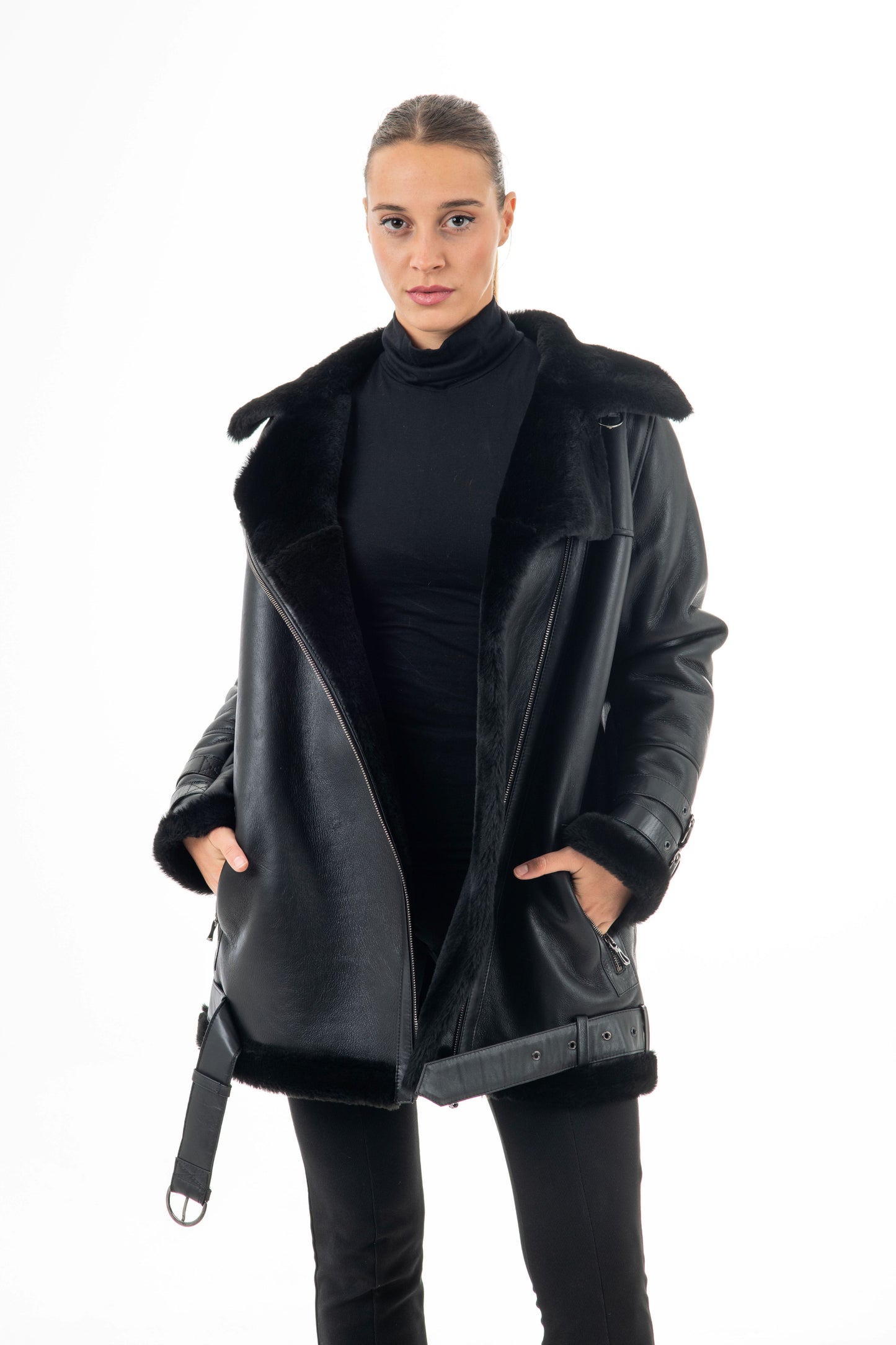 Women's Black Biker  Sheepskin Jacket