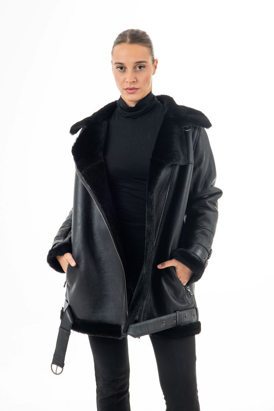 Women's Black Biker  Sheepskin Jacket