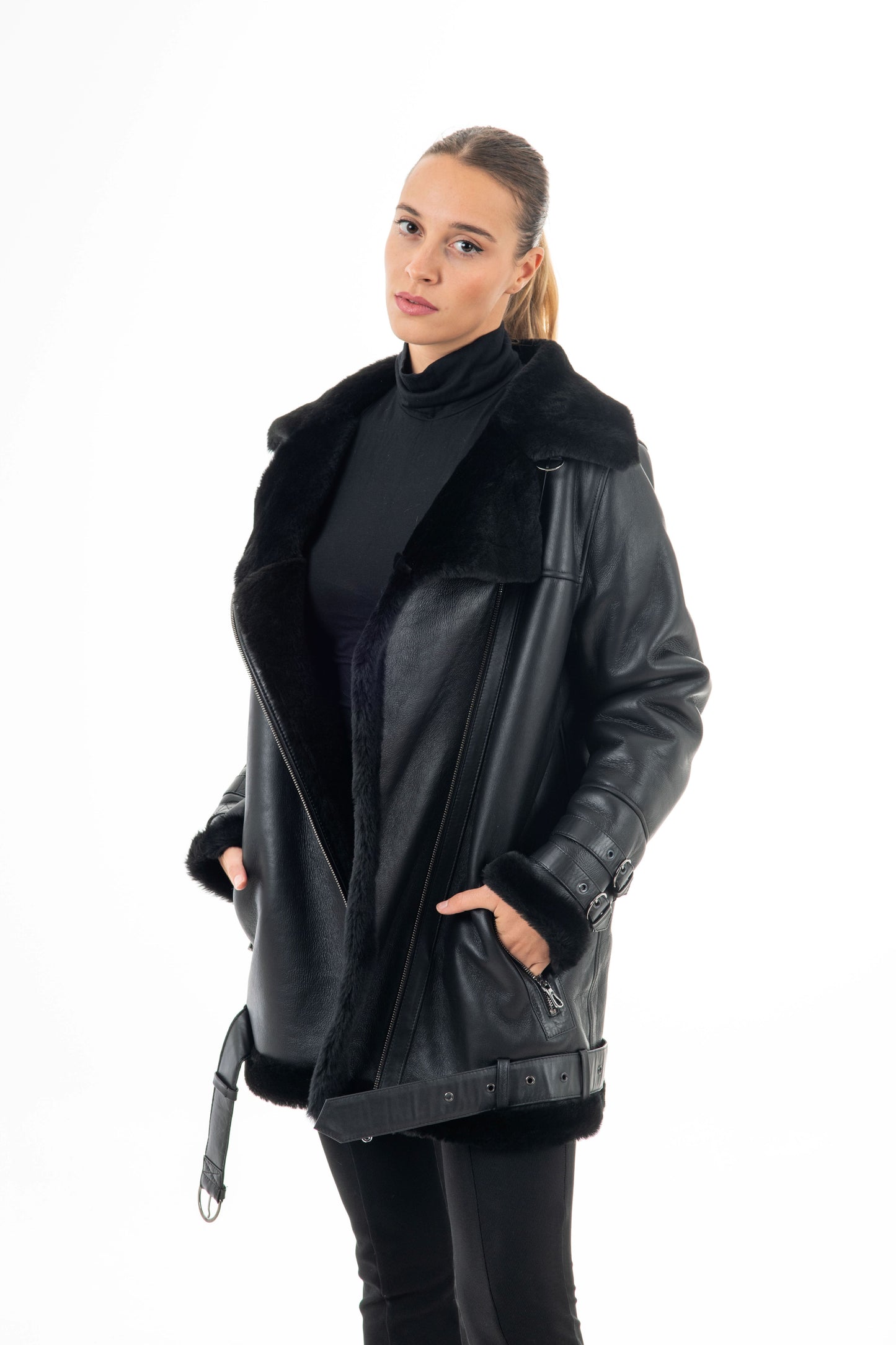 Women's Black Biker  Sheepskin Jacket