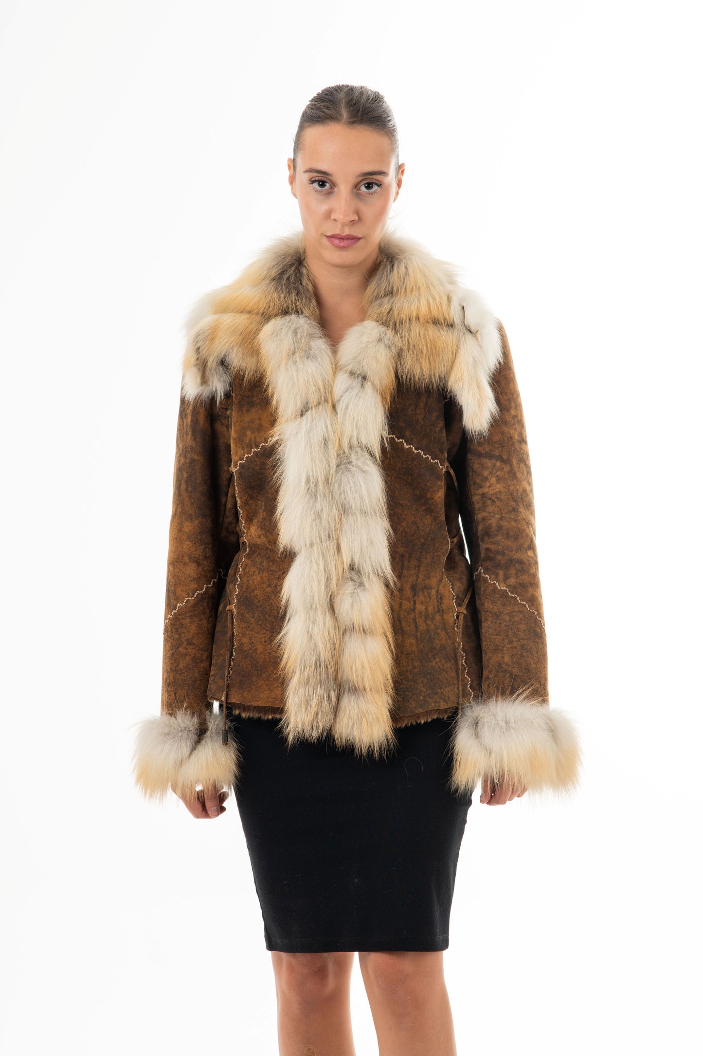 3001 - Antique  Brown Sheepskin Jacket with Fur Collar