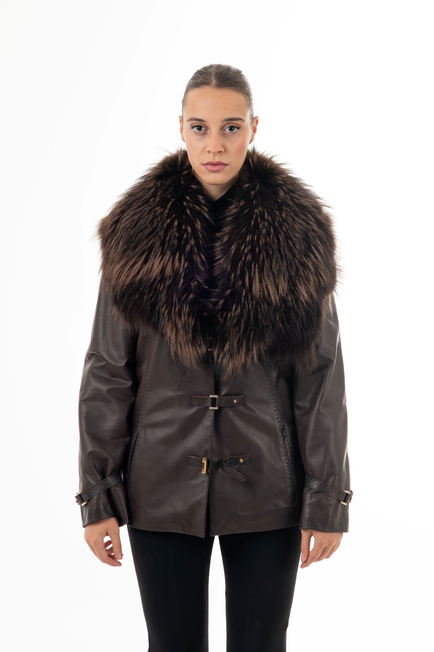 MARTINA - Καφέ Δερμάτινο Σακάκι με Γούνινο Γιακά