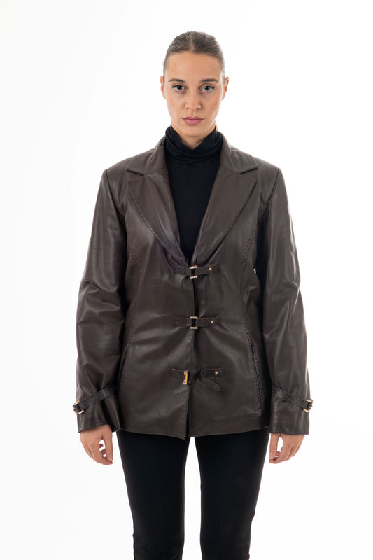 MARTINA - Women's Brown Leather Blazer with Fur Collar
