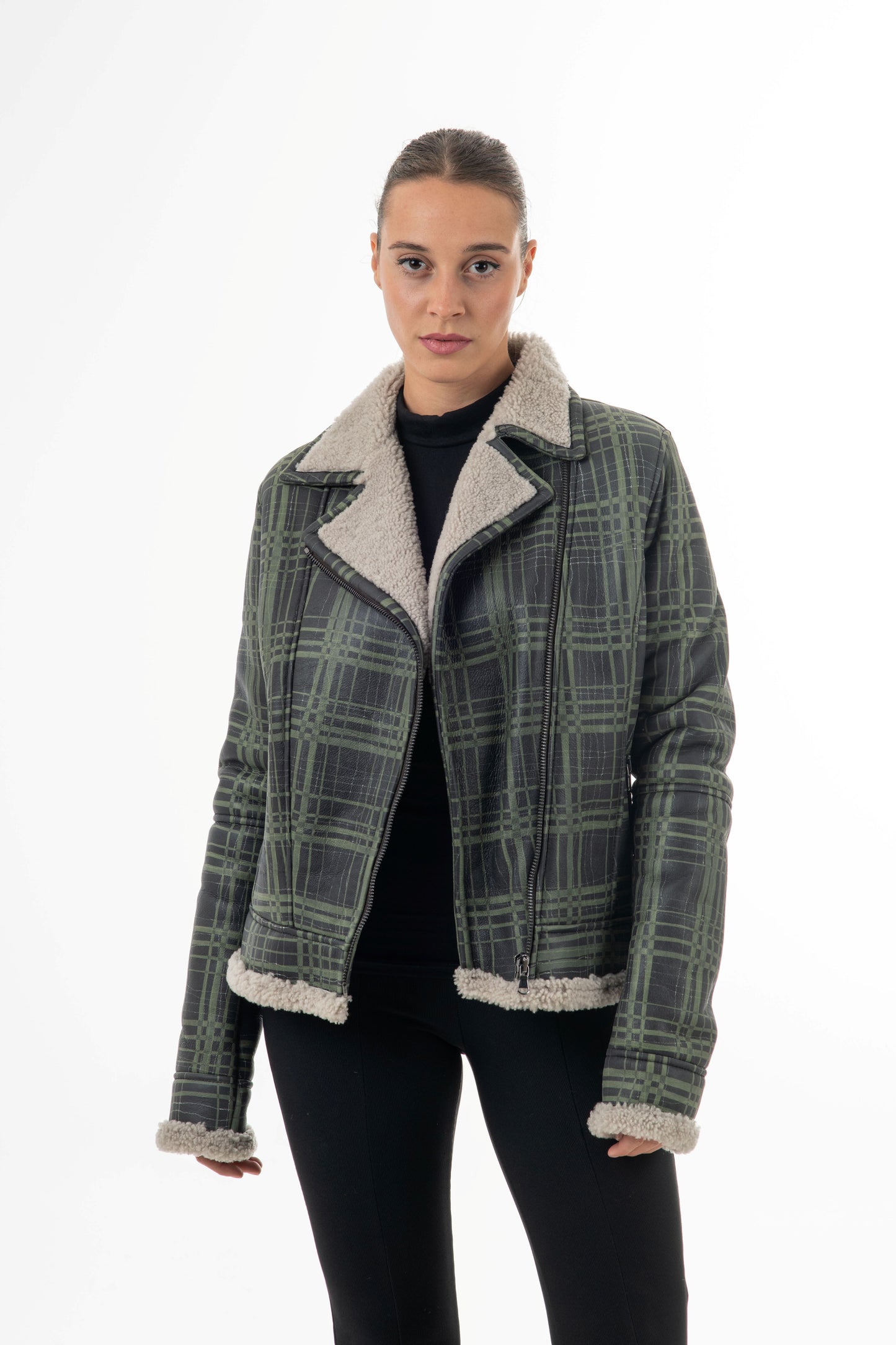 9034 - Women's Green Sheepskin Biker Jacket
